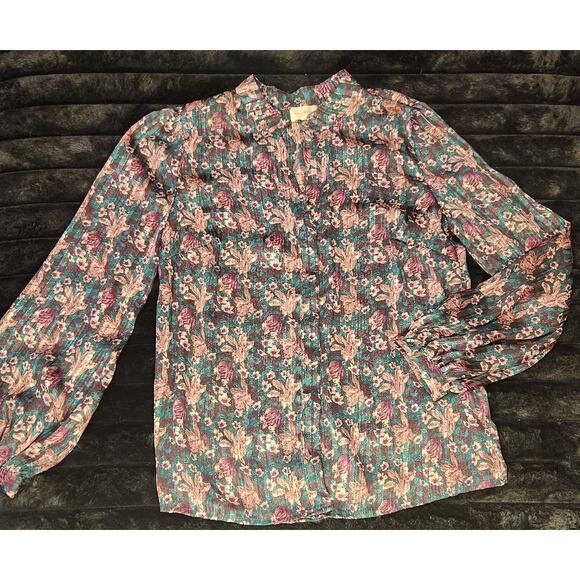 Melloday by Anthropologie Sheer Metallic V-Neck Blouse S Small - Picture 3 of 4